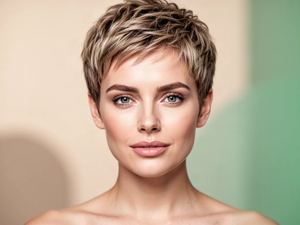 Kobieta z modną fryzurą pixie, która optycznie wysmukla okrągłą twarz, prezentując się w eleganckim, profesjonalnym stylu.
