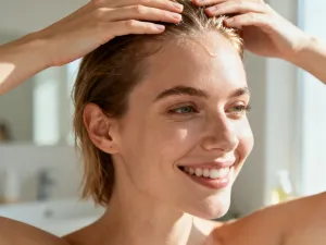 Elegancka kobieta po sześćdziesiątce z promiennym uśmiechem prezentuje stylową, pełną objętości fryzurę typu blond bob.