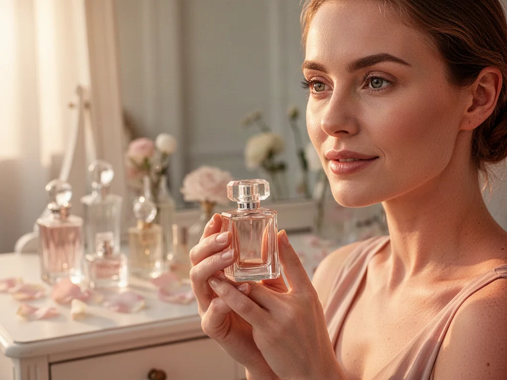 Elegancka kobieta trzymająca flakon perfum w słonecznym, minimalistycznym wnętrzu z kosmetykami na toaletce.