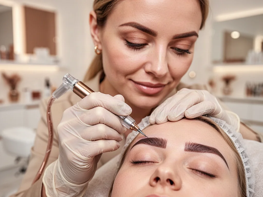 Kosmetyczka wykonuje precyzyjny zabieg makijażu permanentnego brwi metodą microbladingu w profesjonalnym salonie.
