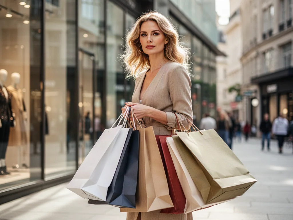 Stylowa kobieta z torbami na zakupach w nowoczesnym mieście, podkreślająca modny charakter oferty sklepu.