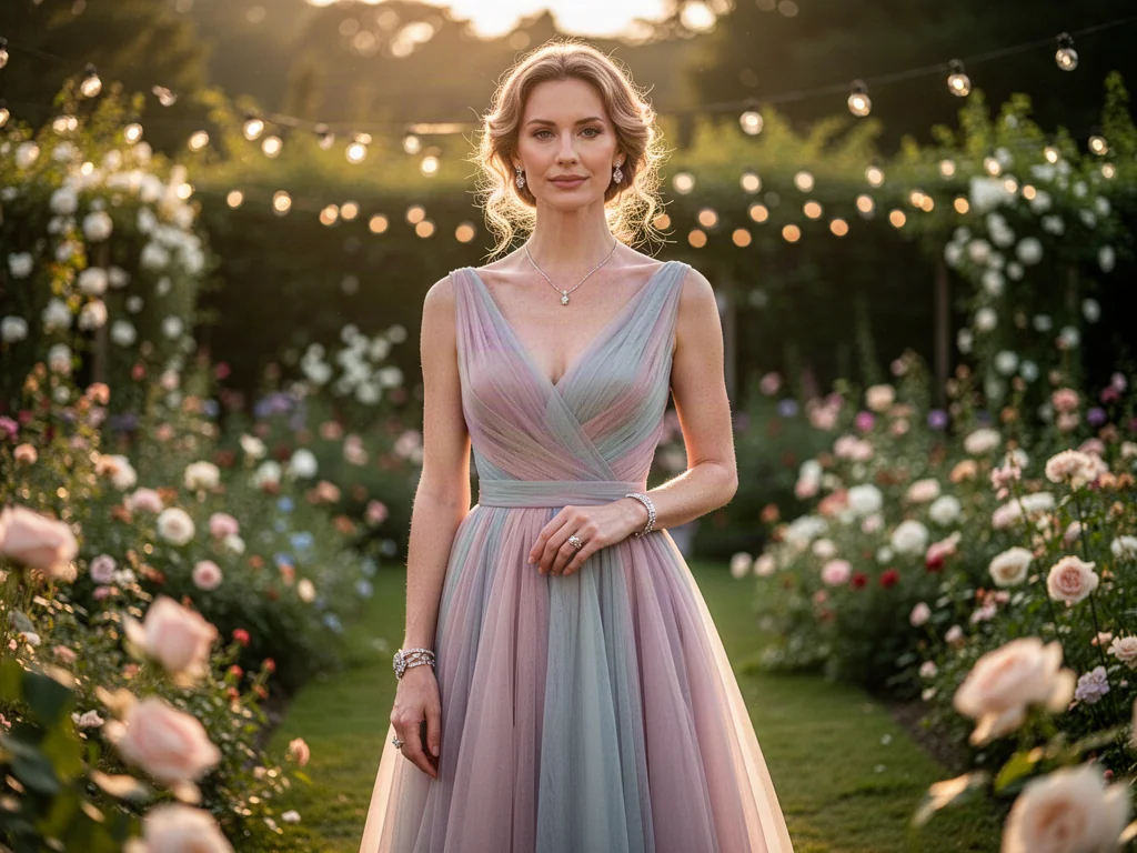 Elegancka kobieta w pastelowej sukience koktajlowej na letnim weselu w ogrodzie. Stylizacja idealna dla gościa weselnego.