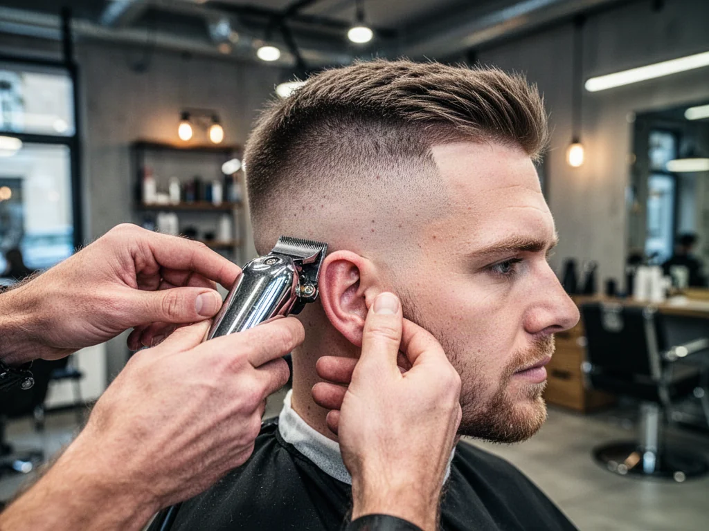 Fryzjer precyzyjnie wykonuje strzyżenie typu low taper fade maszynką u mężczyzny w nowoczesnym salonie.