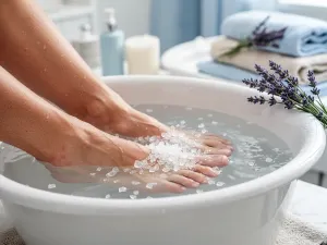 Kobieta trzymająca peeling do twarzy na opuszkach palców w jasnej łazience, przygotowująca skórę do zabiegów pielęgnacyjnych.