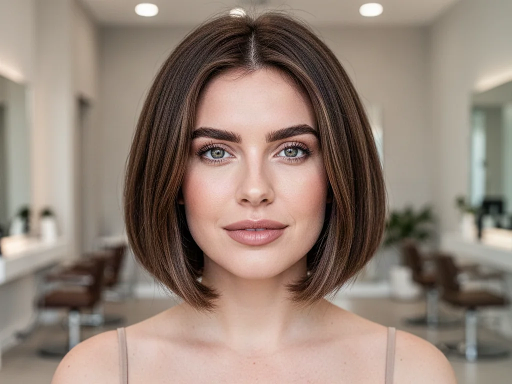 Kobieta z modną fryzurą typu long bob, która optycznie wysmukla okrągłą twarz. Elegancka stylizacja w nowoczesnym salonie.