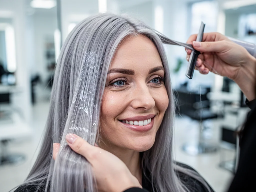 Stylistka nakłada profesjonalny toner na lśniące, srebrzyste włosy klientki w nowoczesnym salonie fryzjerskim.