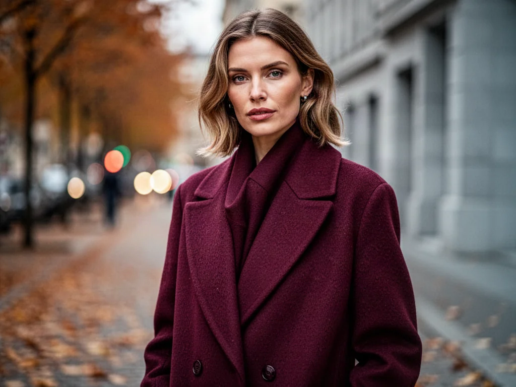 Elegancka kobieta w burgundowym wełnianym płaszczu na tle jesiennej miejskiej scenerii. Stylizacja podkreślająca głębię koloru.