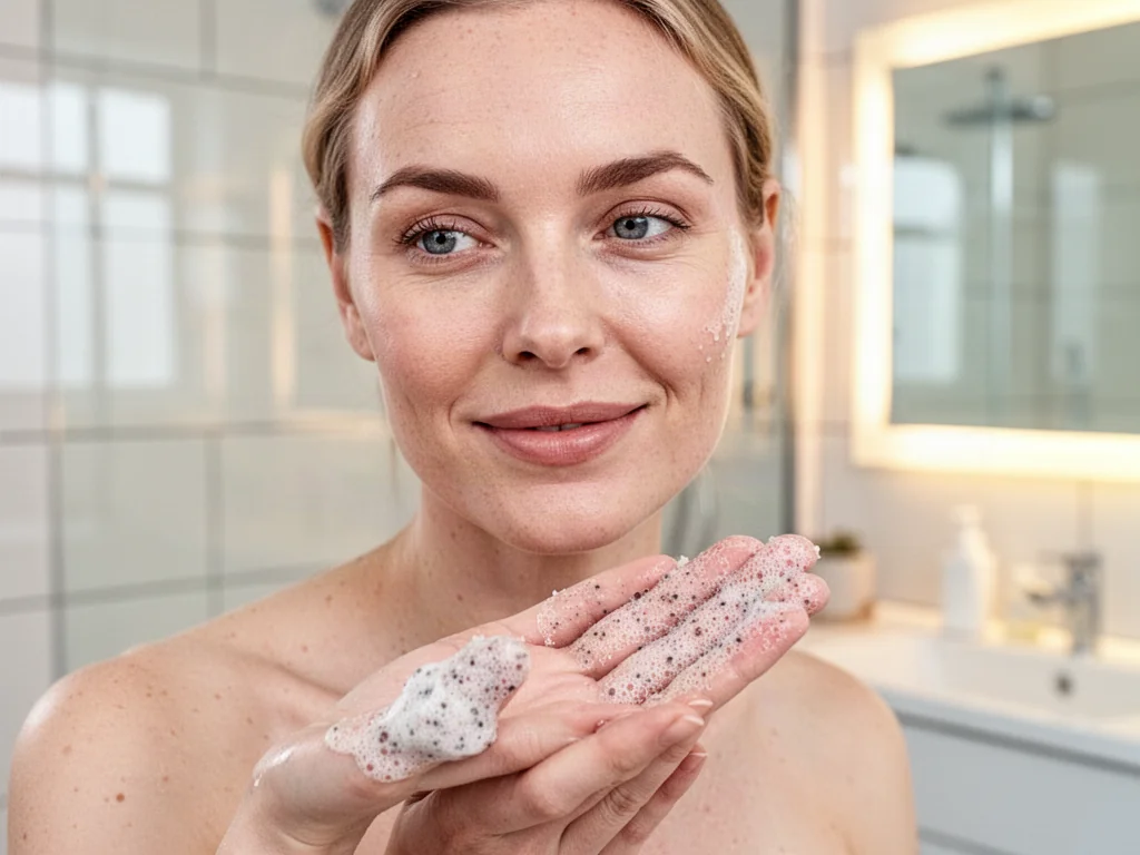 Kobieta trzymająca peeling do twarzy na opuszkach palców w jasnej łazience, przygotowująca skórę do zabiegów pielęgnacyjnych.