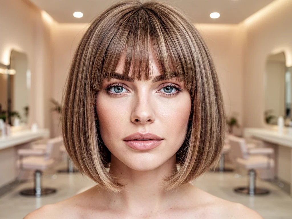Kobieta z modną fryzurą typu long bob z grzywką typu curtain bangs w nowoczesnym salonie fryzjerskim.