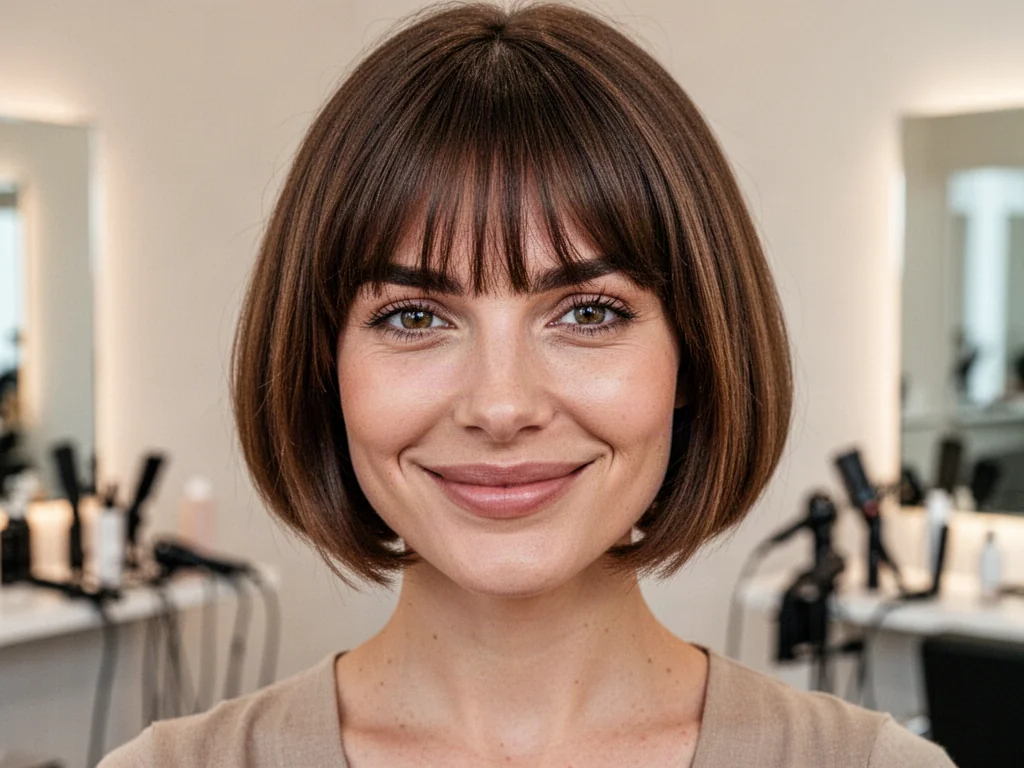 Kobieta z modną fryzurą typu bob z grzywką typu curtain bangs, prezentująca stylizację w jasnym salonie fryzjerskim.