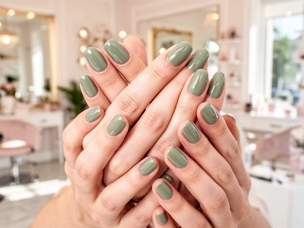 Dłonie z idealnym manicure w modnym, szałwiowym odcieniu na tle estetycznego salonu kosmetycznego.