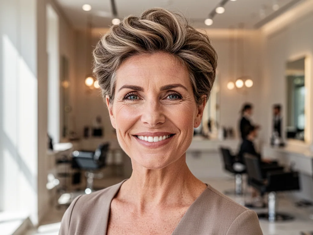 Pewna siebie kobieta po czterdziestce z nowoczesną, krótką fryzurą o dużej objętości w eleganckim salonie fryzjerskim.