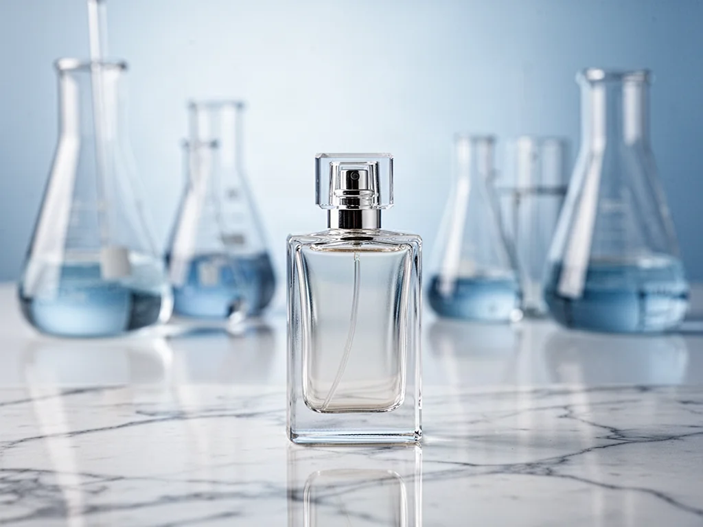 Elegancki flakon perfum na marmurowym blacie w tle laboratoryjnego wnętrza, podkreślający profesjonalny charakter marki.