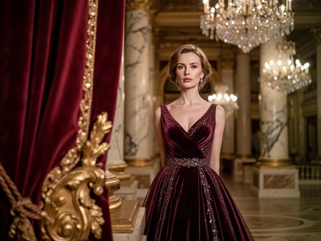 Elegancka kobieta w wieczorowej sukni w luksusowym foyer opery, ilustrująca zasady wieczorowego dress code'u.