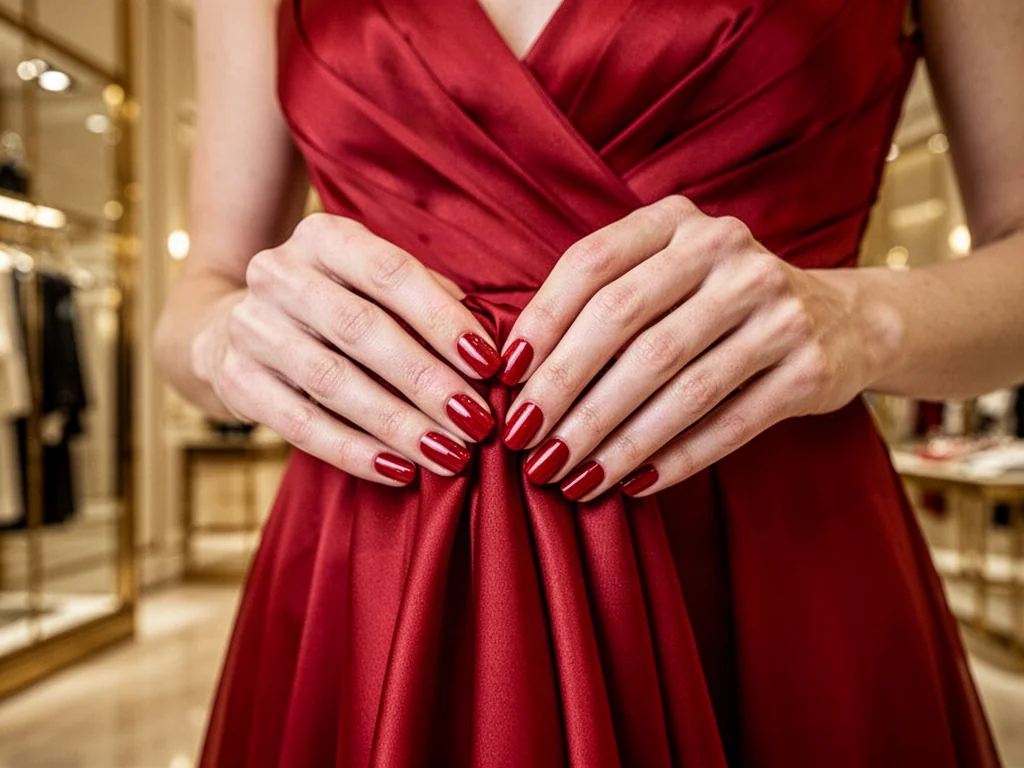Dłonie z eleganckim czerwonym manicure trzymające jedwabny materiał sukienki w tym samym odcieniu.