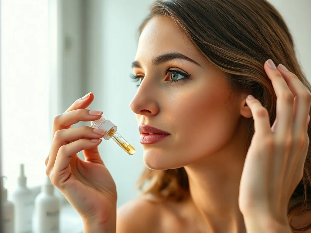 Kobieta nakłada serum na czystą, promienną cerę, patrząc z uśmiechem w lustro w jasnej, minimalistycznej łazience.