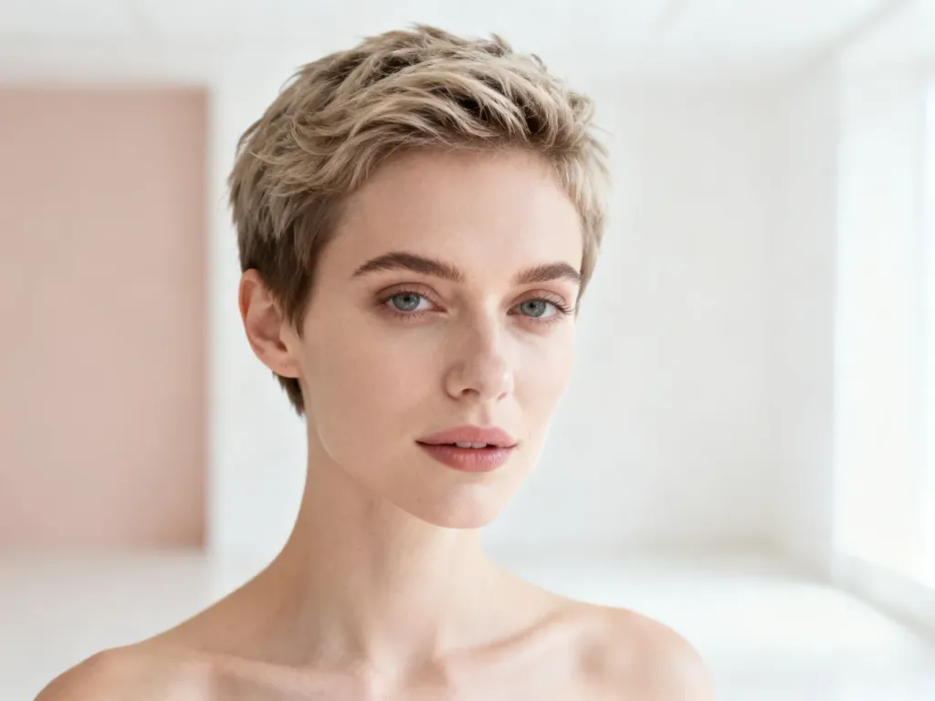 Kobieta o europejskich rysach twarzy z nowoczesną, teksturowaną fryzurą pixie cut w jasnym, minimalistycznym studiu.
