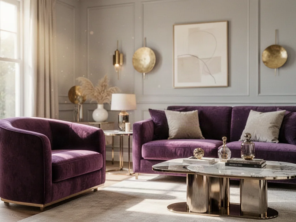 Elegancki salon z fioletową aksamitną sofą, zestawioną z szarościami, złotymi akcentami i minimalistycznymi dekoracjami.